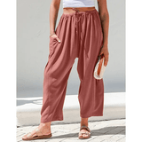 BreezyLuxe™ - Dames Linnen Broek met Wijde Pijpen en Zakken - Yoova