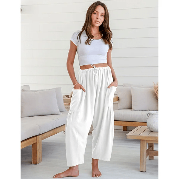BreezyLuxe™ - Dames Linnen Broek met Wijde Pijpen en Zakken - Yoova