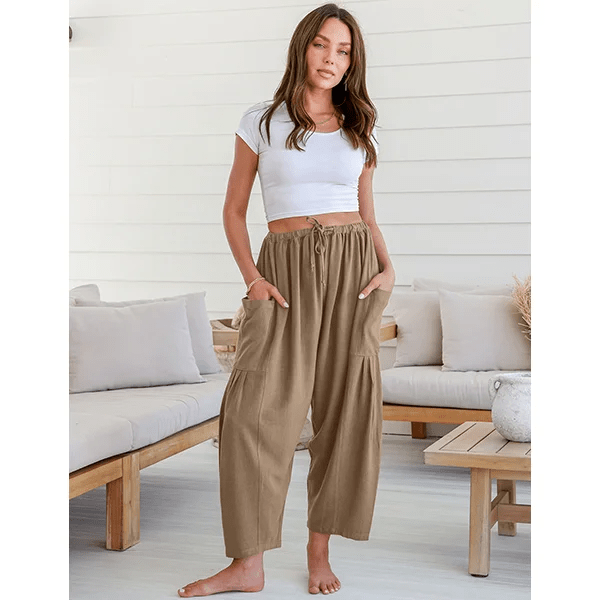 BreezyLuxe™ - Dames Linnen Broek met Wijde Pijpen en Zakken - Yoova