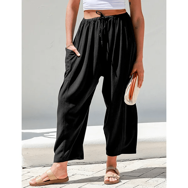 BreezyLuxe™ - Dames Linnen Broek met Wijde Pijpen en Zakken - Yoova