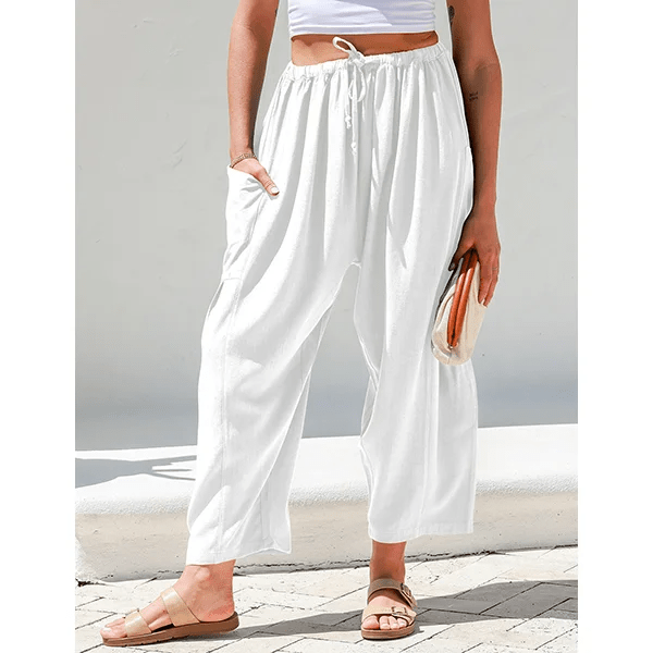 BreezyLuxe™ - Dames Linnen Broek met Wijde Pijpen en Zakken - Yoova