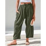 BreezyLuxe™ - Dames Linnen Broek met Wijde Pijpen en Zakken - Yoova