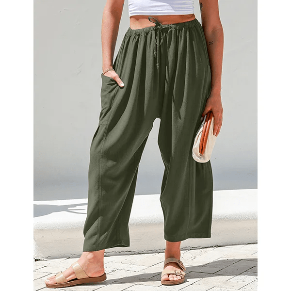 BreezyLuxe™ - Dames Linnen Broek met Wijde Pijpen en Zakken - Yoova