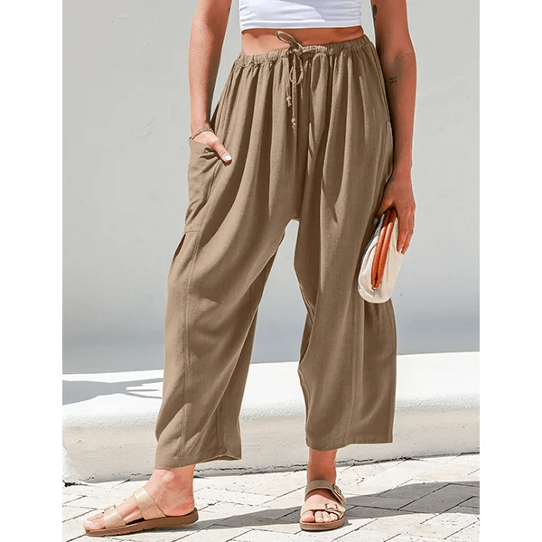 BreezyLuxe™ - Dames Linnen Broek met Wijde Pijpen en Zakken - Yoova
