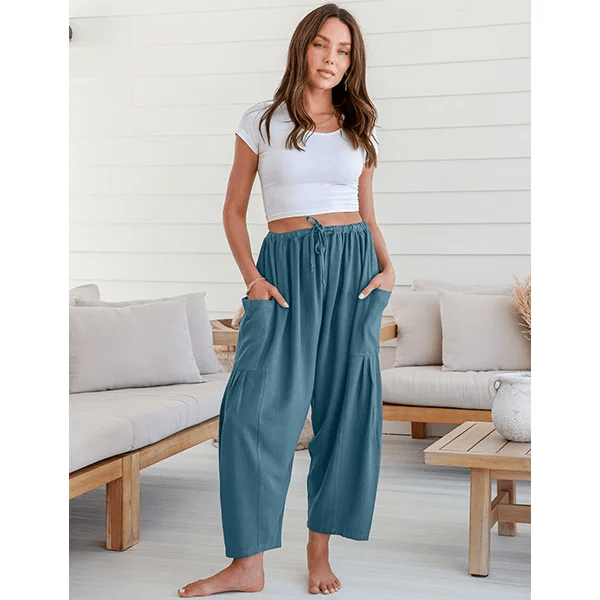 BreezyLuxe™ - Dames Linnen Broek met Wijde Pijpen en Zakken - Yoova